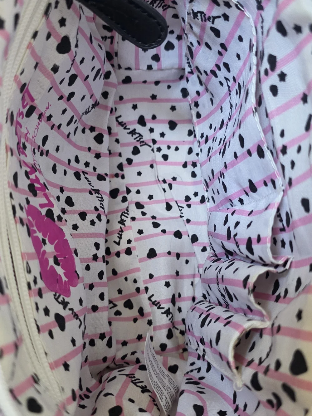 Luv Betsey Johnson Mini Satchel Crossbody Pink Striped Heart with Cat Pom